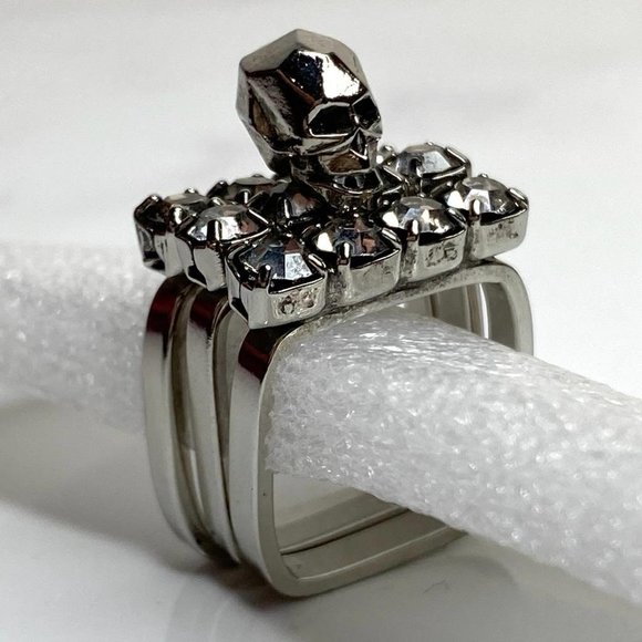 Joomi Lim 3D Skull Silver-Plated Stackable Swarovski Crystal 3 Ring Set Sz 5.5 - Picture 7 of 11